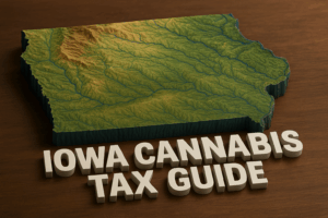 “3D topographical map of Iowa showing elevation and river networks in green and brown tones, with large 3D text in the foreground reading ‘Iowa Cannabis Tax Guide.’”