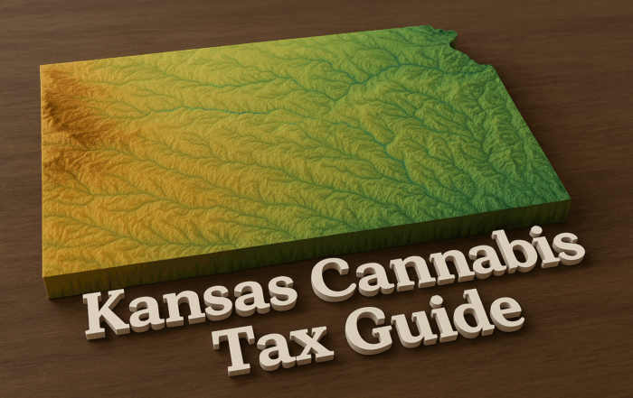 A 3D topographical rendering of the state of Kansas on a wooden table, showing green lowlands transitioning to brown highlands with a blue river winding through. In front of the map, bold white 3D letters read “Kansas Cannabis Tax Guide.”