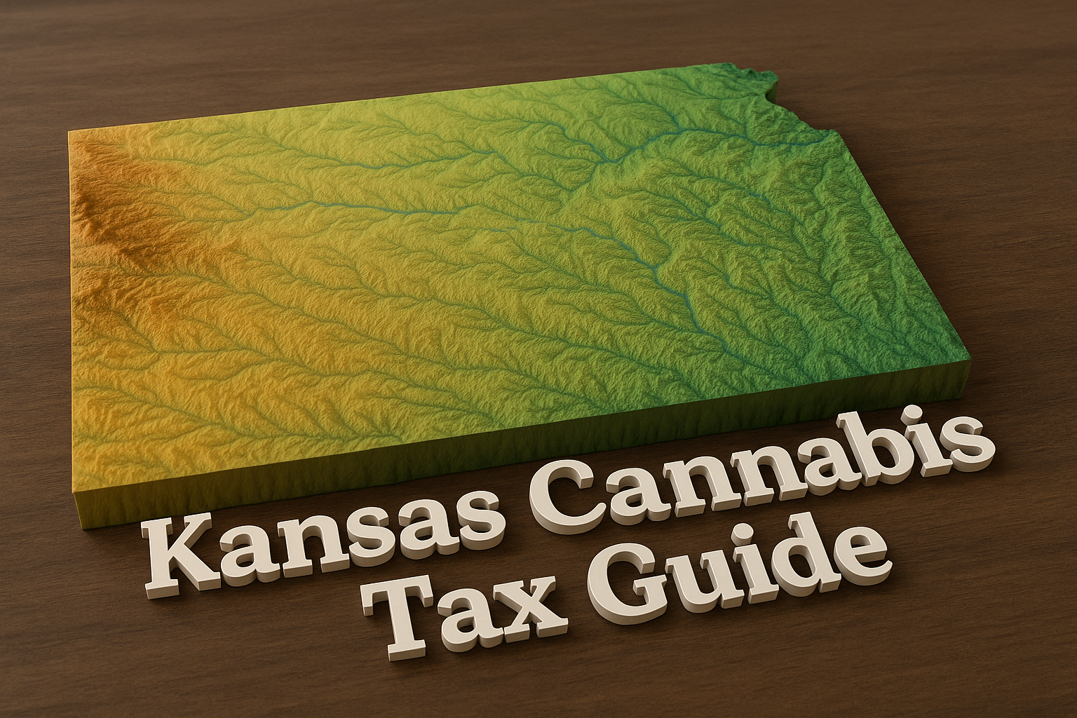 A 3D topographical rendering of the state of Kansas on a wooden table, showing green lowlands transitioning to brown highlands with a blue river winding through. In front of the map, bold white 3D letters read “Kansas Cannabis Tax Guide.”