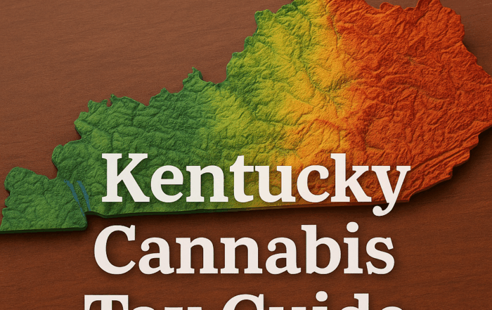 3D topographic map of Kentucky displayed on a wooden surface, colored green in the west lowlands through yellow in central regions to red in the Appalachian east, with bold white text reading “Kentucky Cannabis Tax Guide” across the center.