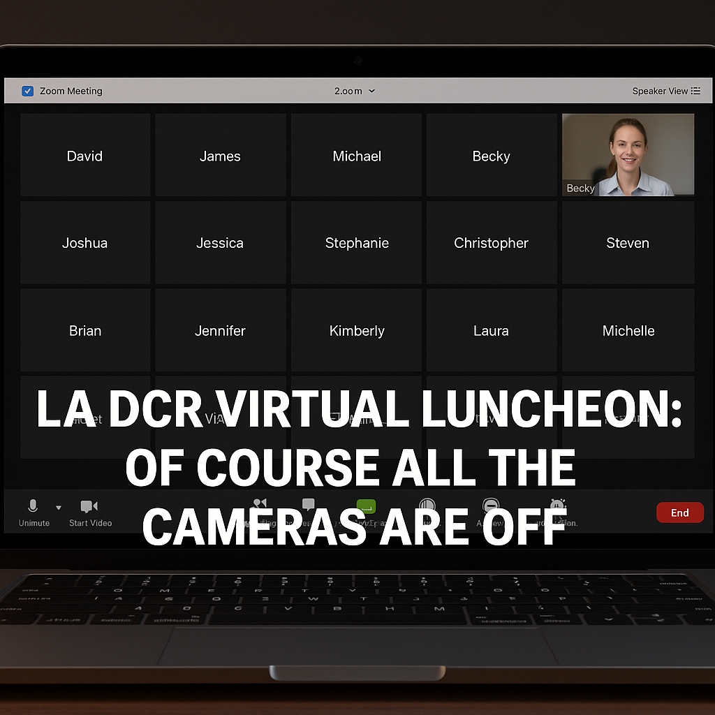A laptop screen shows a Zoom meeting with 20 participant tiles, most of them blacked out with just names visible. Only one camera is on, showing a woman named Becky. Large white text in the foreground reads: "LA DCR VIRTUAL LUNCHEON: OF COURSE ALL THE CAMERAS ARE OFF."