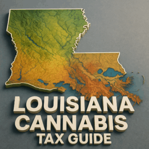 A 3D topographic map of Louisiana in 800×600 resolution, rendered with green uplands in the north and orange-brown coastal areas in the south. The Mississippi River and waterways are carved into the terrain. In the lower portion, large white 3D letters spell out “LOUISIANA CANNABIS TAX GUIDE,” contrasting sharply with the map’s colors.