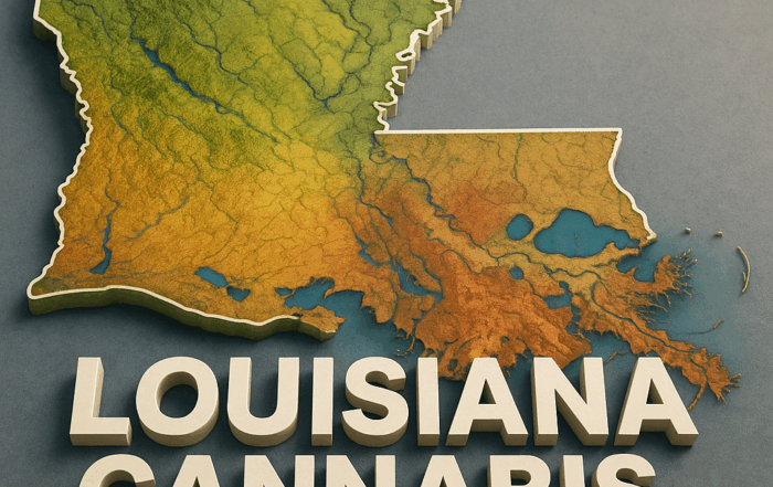 A 3D topographic map of Louisiana in 800×600 resolution, rendered with green uplands in the north and orange-brown coastal areas in the south. The Mississippi River and waterways are carved into the terrain. In the lower portion, large white 3D letters spell out “LOUISIANA CANNABIS TAX GUIDE,” contrasting sharply with the map’s colors.