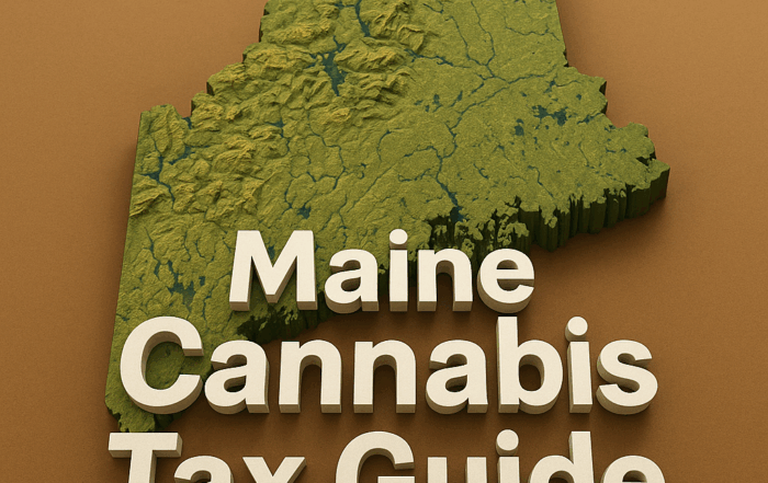 A 3D-rendered topographic map of the state of Maine viewed at an angle, showing detailed elevation changes in shades of green, yellow, and brown. The landmass sits on a warm brown background with no surrounding ocean or other states. In the foreground, large, bold white letters spell out “Maine Cannabis Tax Guide,” casting soft shadows on the map surface.