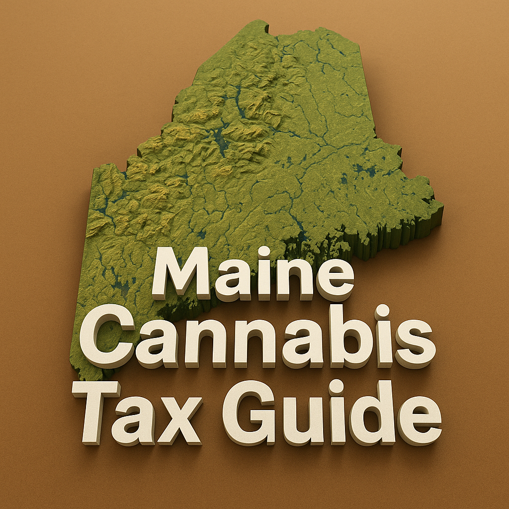 A 3D-rendered topographic map of the state of Maine viewed at an angle, showing detailed elevation changes in shades of green, yellow, and brown. The landmass sits on a warm brown background with no surrounding ocean or other states. In the foreground, large, bold white letters spell out “Maine Cannabis Tax Guide,” casting soft shadows on the map surface.