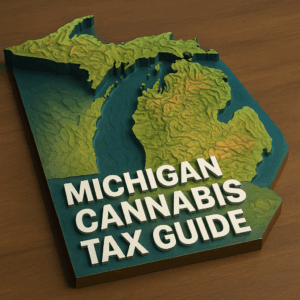 three-dimensional topographical map of Michigan showing both the Upper and Lower Peninsulas, with colored elevation layers—green in the lowlands transitioning to brown and orange at higher terrain. The contours are sharply defined, and the map rests on a subtle dark surface. In the foreground, bold white text reads “Michigan Cannabis Tax Guide,” slightly raised and casting a soft shadow over the map beneath.