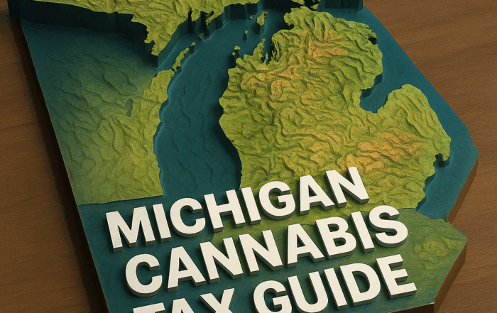 three-dimensional topographical map of Michigan showing both the Upper and Lower Peninsulas, with colored elevation layers—green in the lowlands transitioning to brown and orange at higher terrain. The contours are sharply defined, and the map rests on a subtle dark surface. In the foreground, bold white text reads “Michigan Cannabis Tax Guide,” slightly raised and casting a soft shadow over the map beneath.