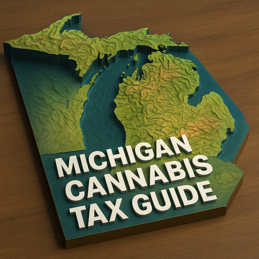 three-dimensional topographical map of Michigan showing both the Upper and Lower Peninsulas, with colored elevation layers—green in the lowlands transitioning to brown and orange at higher terrain. The contours are sharply defined, and the map rests on a subtle dark surface. In the foreground, bold white text reads “Michigan Cannabis Tax Guide,” slightly raised and casting a soft shadow over the map beneath.