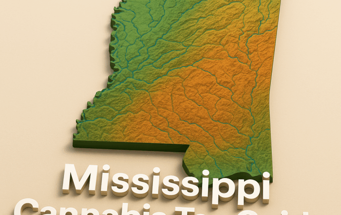 A 3D-rendered topographic map of Mississippi in green and orange gradients, with raised elevation features and river basins. The foreground displays the bold, white title: "Mississippi Cannabis Tax Guide".