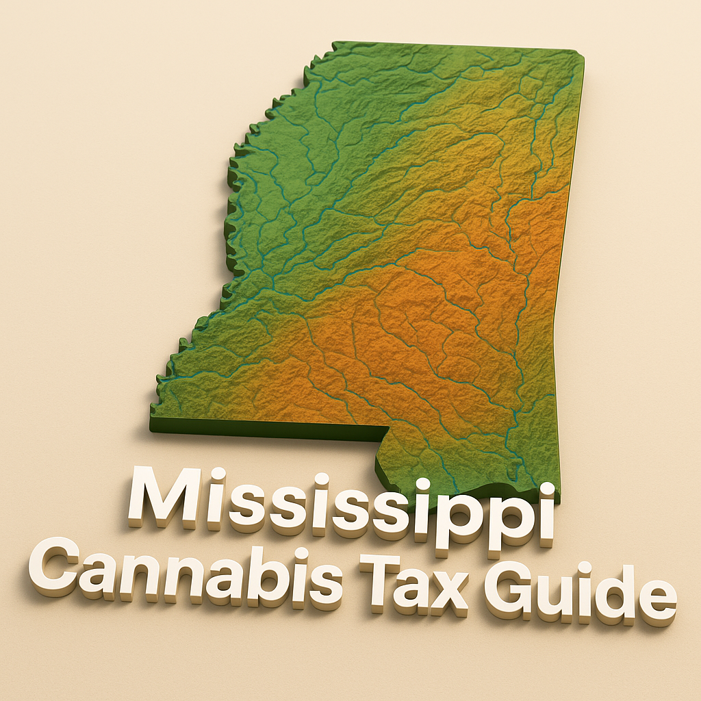 A 3D-rendered topographic map of Mississippi in green and orange gradients, with raised elevation features and river basins. The foreground displays the bold, white title: "Mississippi Cannabis Tax Guide".
