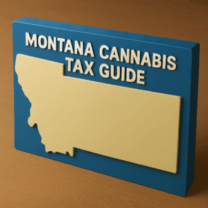 A 3D-rendered rectangular sign on a wooden surface with a blue background. At the top in raised white letters it reads “Montana Cannabis Tax Guide.” Below the text is a raised, pale yellow silhouette outline of the state of Montana.