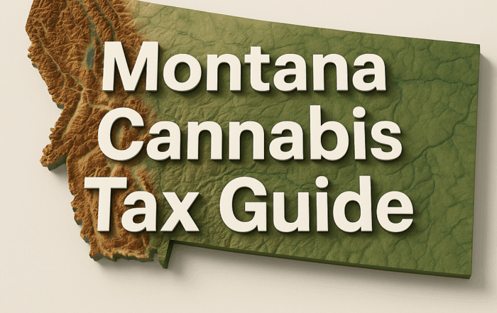 A 3D topographic map of the state of Montana rendered at an 800×600 pixel size. The western region is depicted in warm brown and orange hues to indicate mountain elevations, transitioning to muted green shades across the central plains and lighter green through the eastern lowlands. The state’s irregular outline casts a subtle shadow against a soft off-white background. Bold, white, three-dimensional text reading “Montana Cannabis Tax Guide” is centered across the map, following its contours.