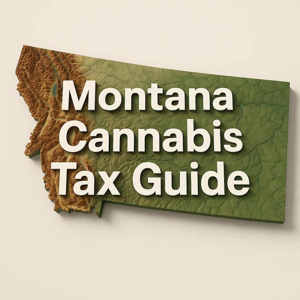 A 3D topographic map of the state of Montana rendered at an 800×600 pixel size. The western region is depicted in warm brown and orange hues to indicate mountain elevations, transitioning to muted green shades across the central plains and lighter green through the eastern lowlands. The state’s irregular outline casts a subtle shadow against a soft off-white background. Bold, white, three-dimensional text reading “Montana Cannabis Tax Guide” is centered across the map, following its contours.