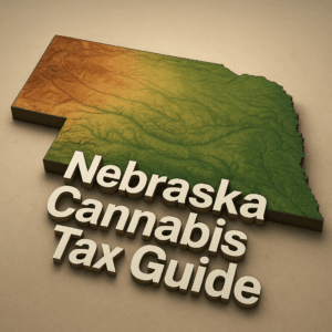 A three-dimensional topographical rendering of the state of Nebraska, shown as a slightly raised block with color‑graded elevation—from green in low‑lying eastern regions to brown in higher western areas—set against a neutral beige background. Bold, white, three‑dimensional text reading “Nebraska Cannabis Tax Guide” appears in the foreground, casting a subtle shadow on the map surface.
