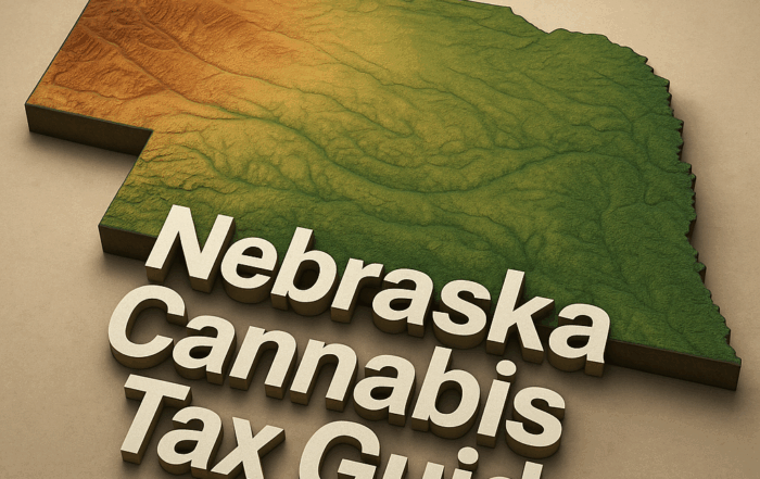A three-dimensional topographical rendering of the state of Nebraska, shown as a slightly raised block with color‑graded elevation—from green in low‑lying eastern regions to brown in higher western areas—set against a neutral beige background. Bold, white, three‑dimensional text reading “Nebraska Cannabis Tax Guide” appears in the foreground, casting a subtle shadow on the map surface.