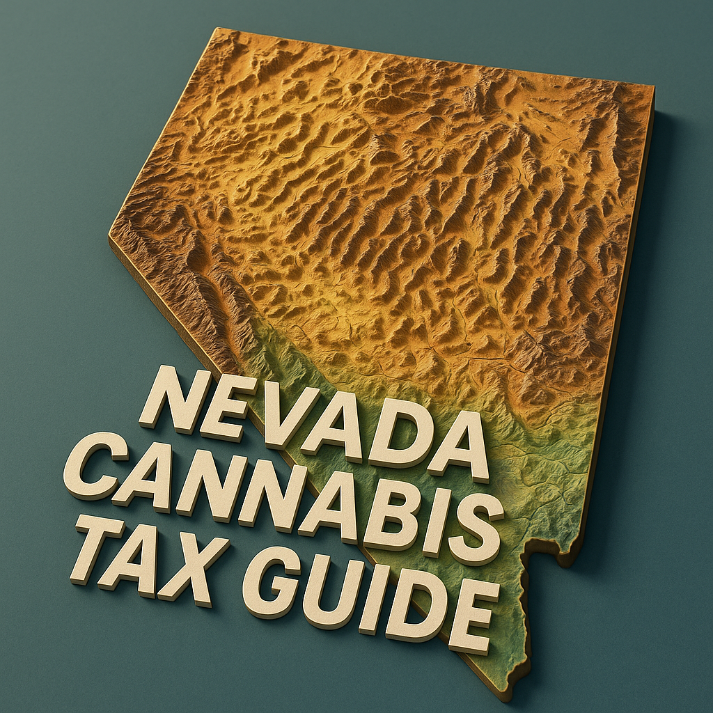 A 3D topographic relief map of Nevada viewed at an angle, showing elevation changes with green in the lower basins rising to brown on the mountainous regions. Overlaid in bold, white, three-dimensional letters across the bottom third of the map are the words “NEVADA CANNABIS TAX GUIDE.” The map sits against a muted teal backdrop.