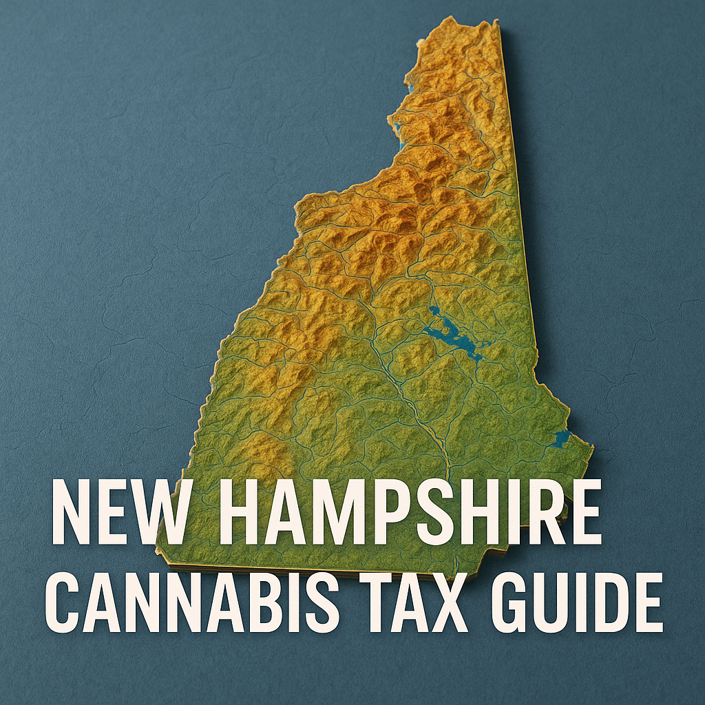 A stylized 3D topographic map of New Hampshire on an 800×600 canvas. The state’s terrain is rendered with a smooth gradient—from green in low-lying areas through yellow and orange to brown at higher elevations—with subtle contour lines and rivers visible. The map floats against a muted blue-gray background. In bold white uppercase letters across the lower third of the image is the title “NEW HAMPSHIRE CANNABIS TAX GUIDE.”