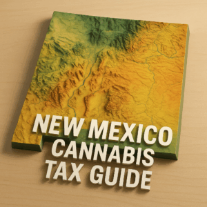 A 3D topographic relief map of New Mexico on a light wooden surface, showing green lowlands in the east transitioning to brown and orange mountain ranges in the west. In bold white, three‑dimensional letters centered at the bottom of the state outline, it reads: “NEW MEXICO CANNABIS TAX GUIDE.”