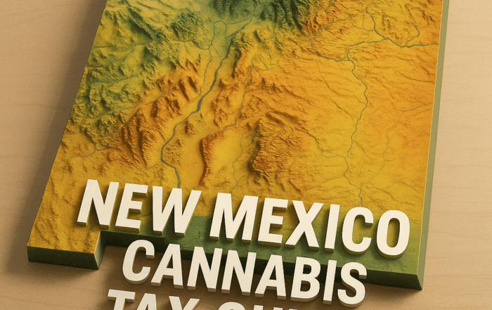 A 3D topographic relief map of New Mexico on a light wooden surface, showing green lowlands in the east transitioning to brown and orange mountain ranges in the west. In bold white, three‑dimensional letters centered at the bottom of the state outline, it reads: “NEW MEXICO CANNABIS TAX GUIDE.”