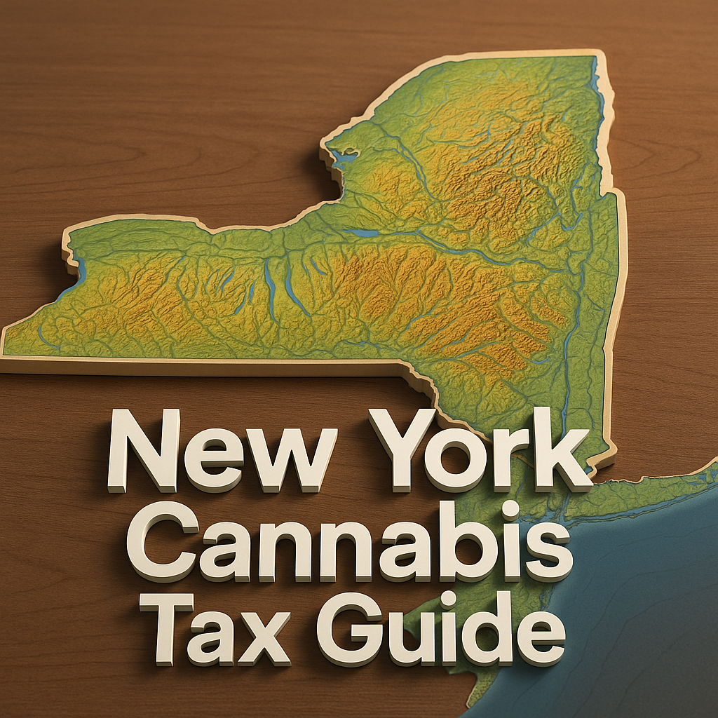 An 800×600 illustration of a three-dimensional topographic map of New York State resting on a wooden surface. The map is rendered in green, yellow, and brown gradient colors to highlight lowlands and mountainous regions—most notably the Adirondack range in the north and the Catskills in the south—with blue waterways and lakes visible. In the foreground, bold white 3D letters spell out “New York Cannabis Tax Guide,” casting soft shadows that accentuate both the text and the terrain’s relief.