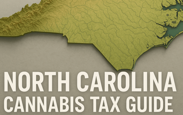 A 3D topographic rendering of North Carolina on a neutral gray background, showing the Appalachian Mountains in the west rising in brown and green relief and the coastal plain in lighter green to the east. Centered below the map in bold white uppercase letters are the words: “NORTH CAROLINA CANNABIS TAX GUIDE (CBD ONLY)”