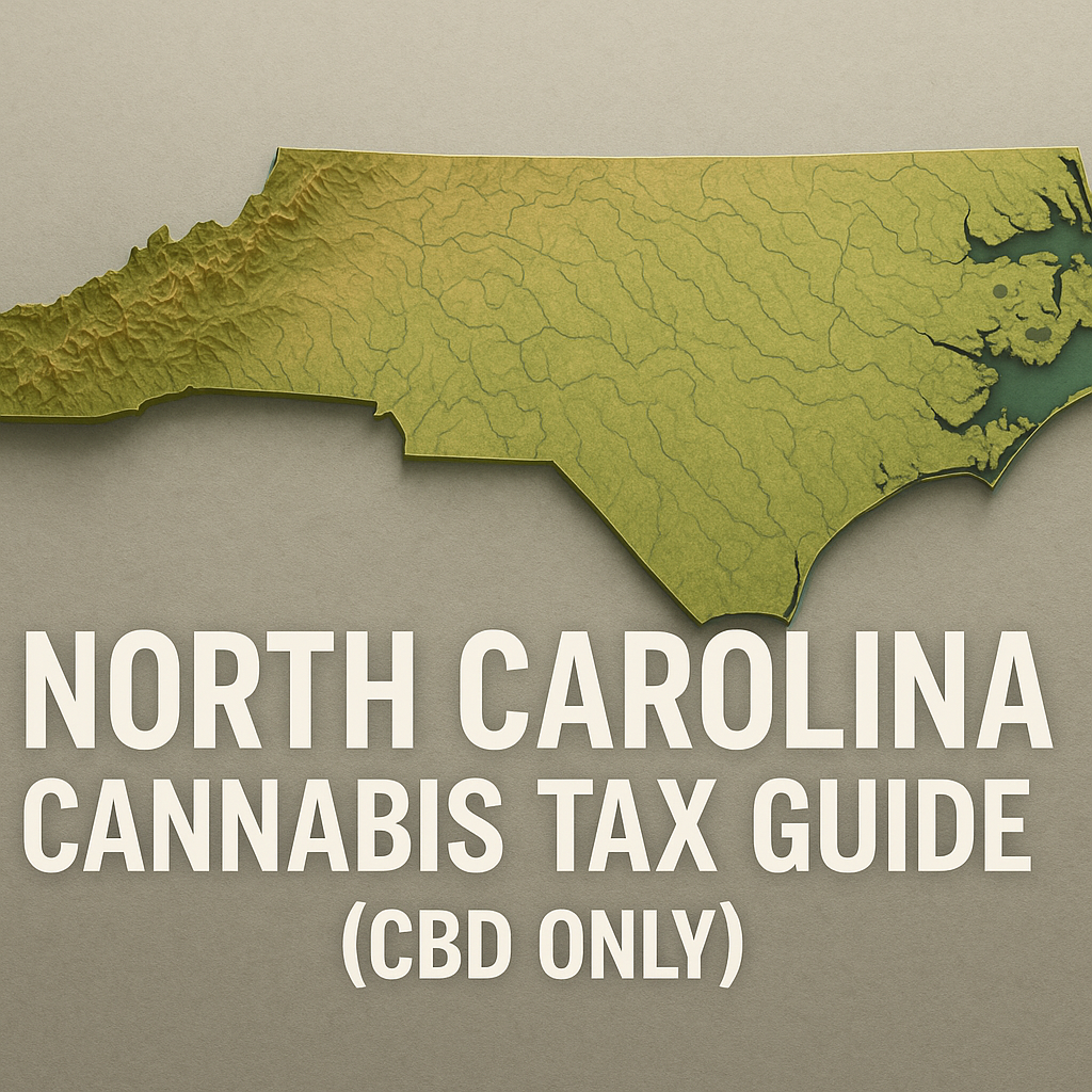 A 3D topographic rendering of North Carolina on a neutral gray background, showing the Appalachian Mountains in the west rising in brown and green relief and the coastal plain in lighter green to the east. Centered below the map in bold white uppercase letters are the words: “NORTH CAROLINA CANNABIS TAX GUIDE (CBD ONLY)”