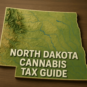A 3D topographic map of North Dakota in earthy greens and browns with rivers highlighted in blue, placed on a warm wooden surface; bold cream‑colored text reading ‘North Dakota Cannabis Tax Guide’ spans the lower third of the map.