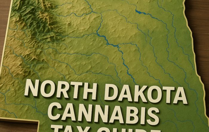 A 3D topographic map of North Dakota in earthy greens and browns with rivers highlighted in blue, placed on a warm wooden surface; bold cream‑colored text reading ‘North Dakota Cannabis Tax Guide’ spans the lower third of the map.
