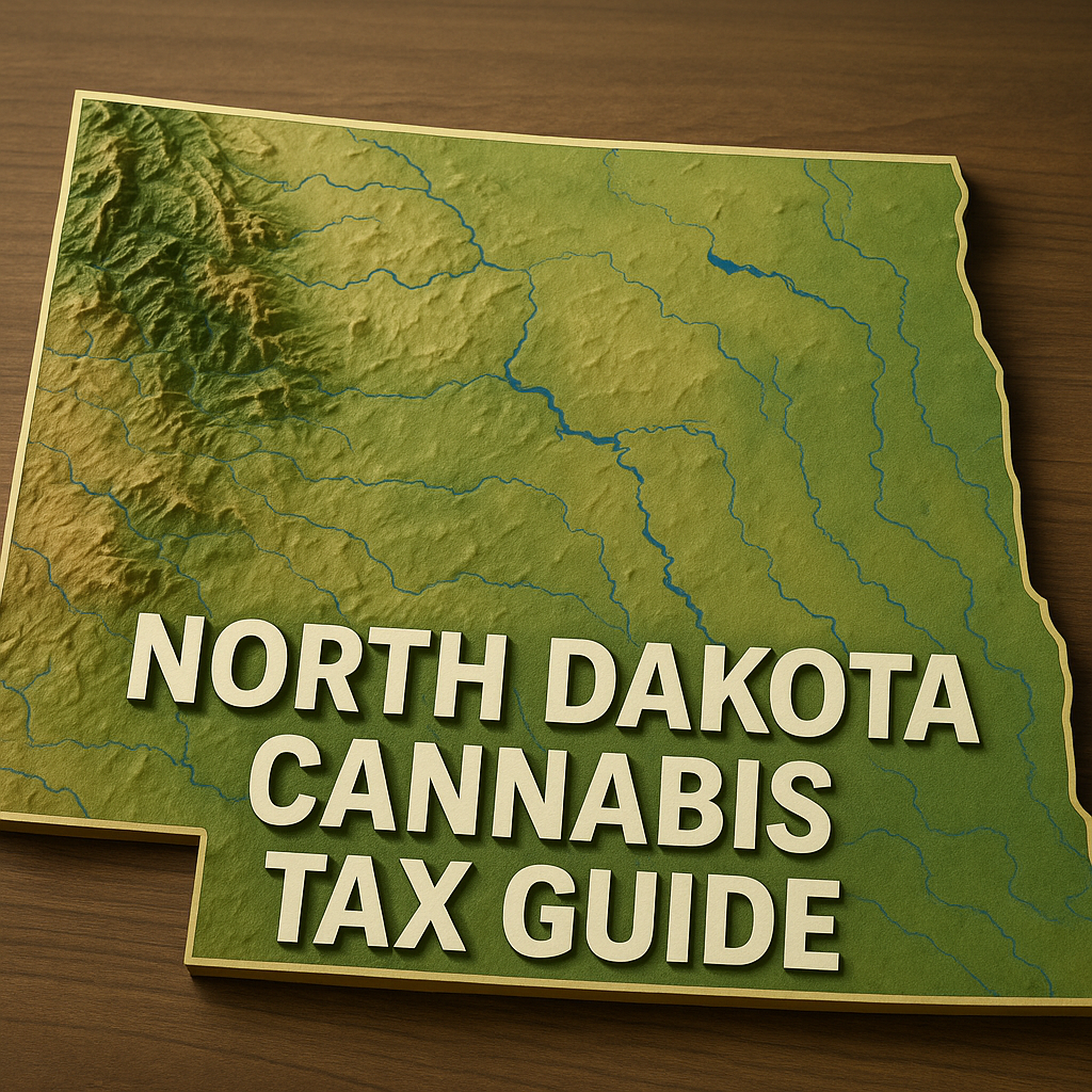 A 3D topographic map of North Dakota in earthy greens and browns with rivers highlighted in blue, placed on a warm wooden surface; bold cream‑colored text reading ‘North Dakota Cannabis Tax Guide’ spans the lower third of the map.
