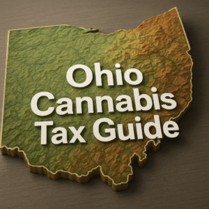 An 800×600 3D-rendered topographic map of Ohio sits on a wooden surface. The map’s surface shows elevation changes in green through reddish‑brown hues, with subtle river and contour details. In the foreground, large white letters spell out ‘Ohio Cannabis Tax Guide,’ casting soft shadows onto the map beneath.