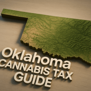 A 3D topographic relief map of Oklahoma rendered in shades of green and brown on a wooden background, with bold, white 3D text reading ‘Oklahoma Cannabis Tax Guide’ prominently overlaid along the lower edge.