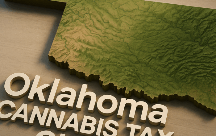A 3D topographic relief map of Oklahoma rendered in shades of green and brown on a wooden background, with bold, white 3D text reading ‘Oklahoma Cannabis Tax Guide’ prominently overlaid along the lower edge.