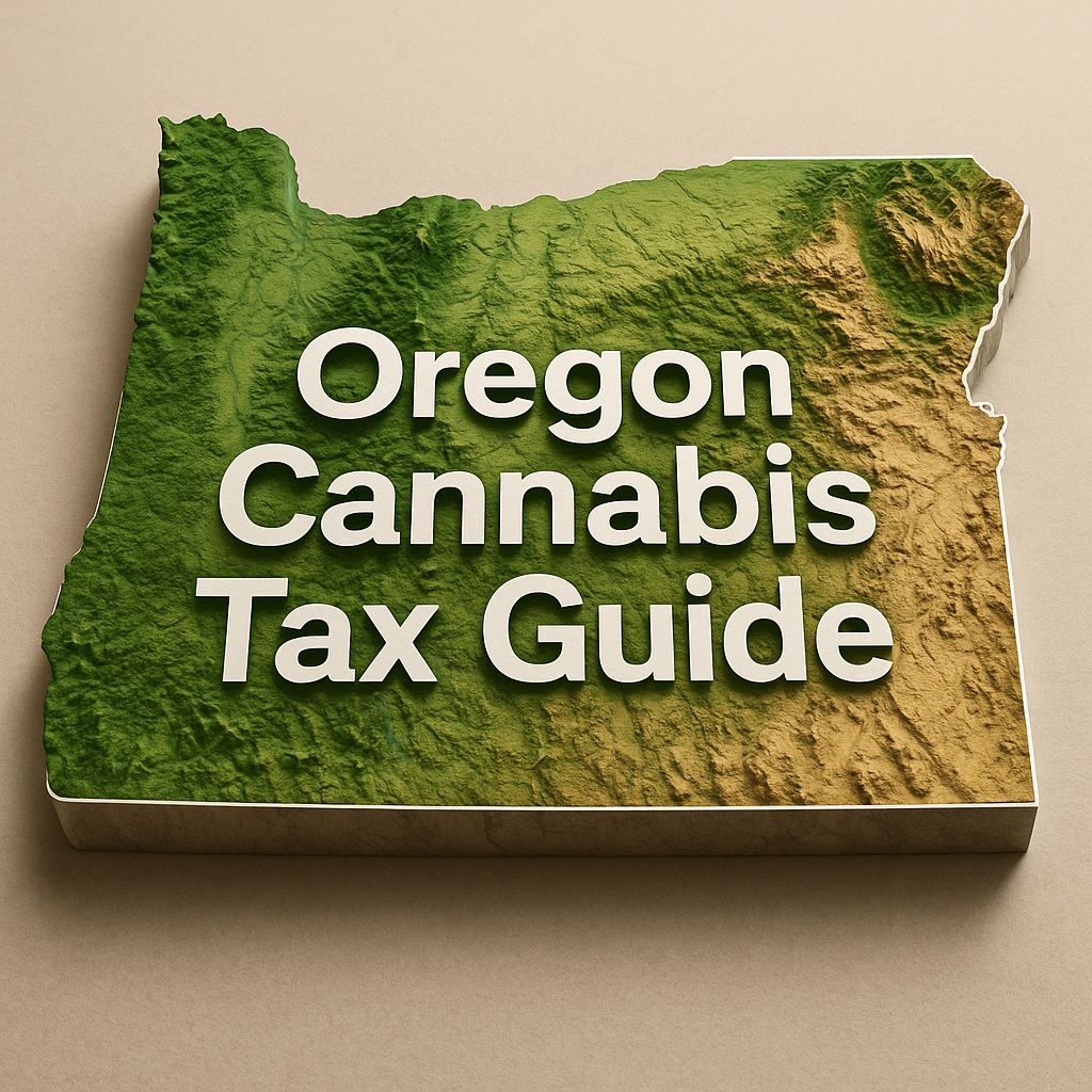 A 3D topographic relief map of Oregon, showing green lowlands and tan highlands with detailed elevation shading and a subtle white border around the state. Centered across the map is the bold, white text “Oregon Cannabis Tax Guide.