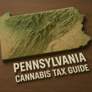A three-dimensional topographic relief map of Pennsylvania displayed at an 800×600 resolution, showing detailed contour elevations in green and brown hues with rivers outlined in light blue. The map is set against a warm wooden surface. In the foreground, large cream-colored, three-dimensional block letters spell out “PENNSYLVANIA” on the first line and “CANNABIS TAX GUIDE” directly beneath it.