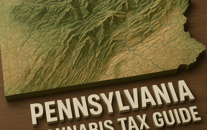 A three-dimensional topographic relief map of Pennsylvania displayed at an 800×600 resolution, showing detailed contour elevations in green and brown hues with rivers outlined in light blue. The map is set against a warm wooden surface. In the foreground, large cream-colored, three-dimensional block letters spell out “PENNSYLVANIA” on the first line and “CANNABIS TAX GUIDE” directly beneath it.