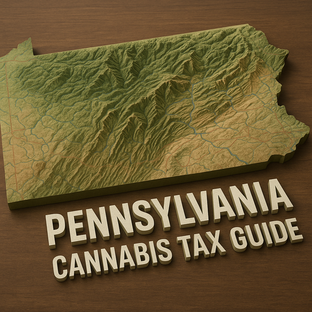 A three-dimensional topographic relief map of Pennsylvania displayed at an 800×600 resolution, showing detailed contour elevations in green and brown hues with rivers outlined in light blue. The map is set against a warm wooden surface. In the foreground, large cream-colored, three-dimensional block letters spell out “PENNSYLVANIA” on the first line and “CANNABIS TAX GUIDE” directly beneath it.