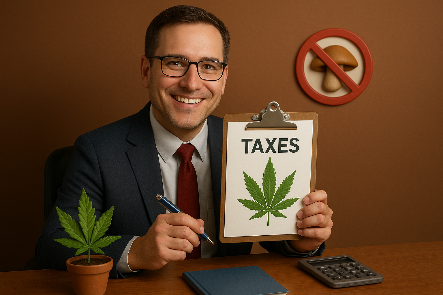 A smiling male accountant in a navy suit and red tie sits at a wooden desk, holding a clipboard with the word "TAXES" above a green cannabis leaf. A small potted cannabis plant, a closed blue notebook, and a calculator rest on the desk. Behind him, a red circle with a slash over a mushroom indicates that mushroom-related taxes are not accepted. The background is a warm brown, giving the office a professional yet approachable tone.