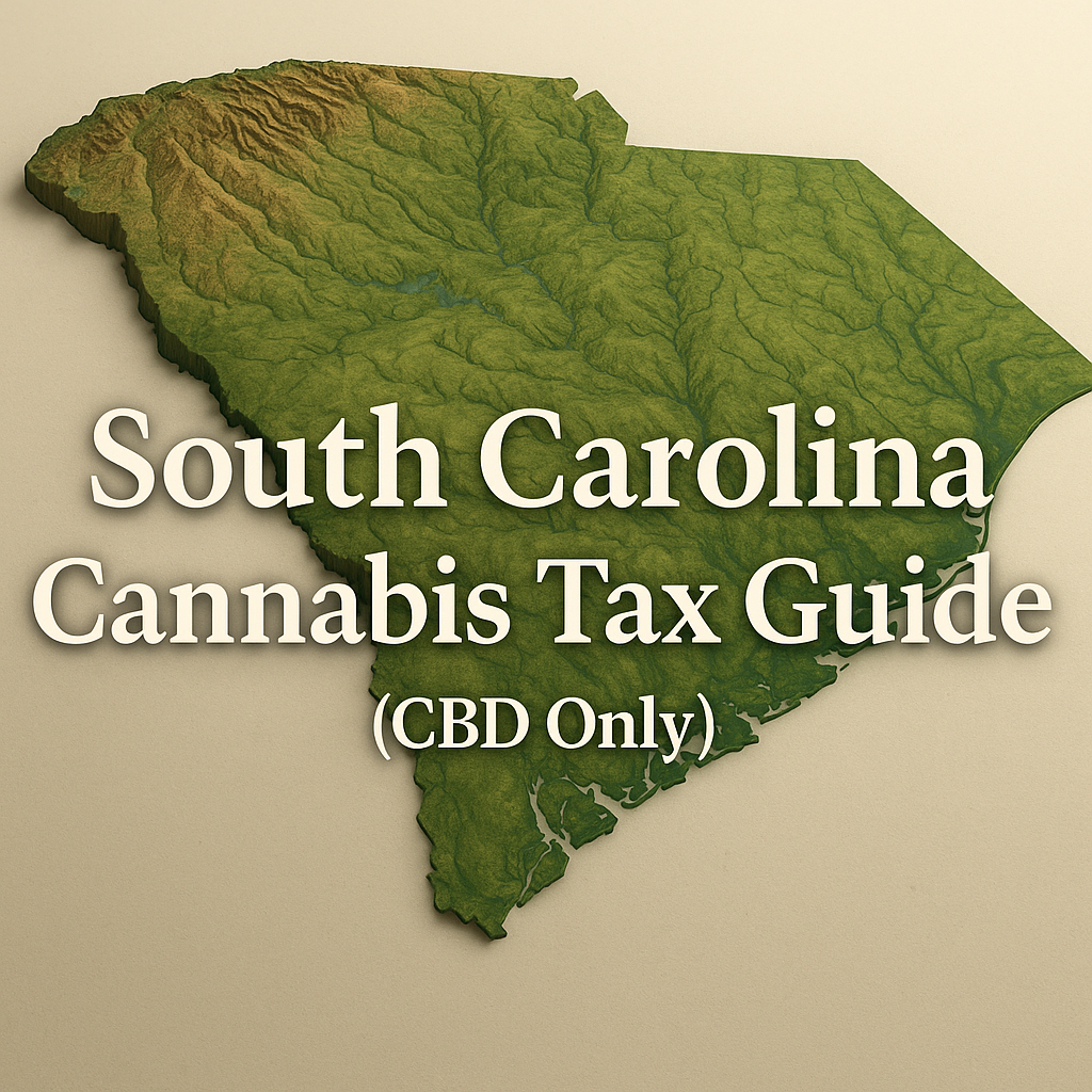 A three-dimensional topographic relief map of South Carolina in shades of green and brown showing elevation changes—from the higher ridges in the northwest to the flat coastal plain in the southeast—set against a soft beige background. Bold white text overlay reads “South Carolina Cannabis Tax Guide (CBD Only).”