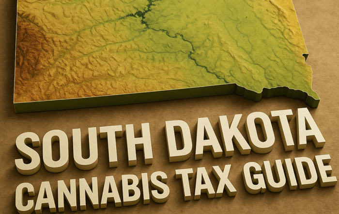 Three‑dimensional topographic map of South Dakota in earthy greens and brown gradients, highlighting elevation changes, set against a textured brown background. Bold white 3D text beneath the map reads ‘South Dakota Cannabis Tax Guide.’