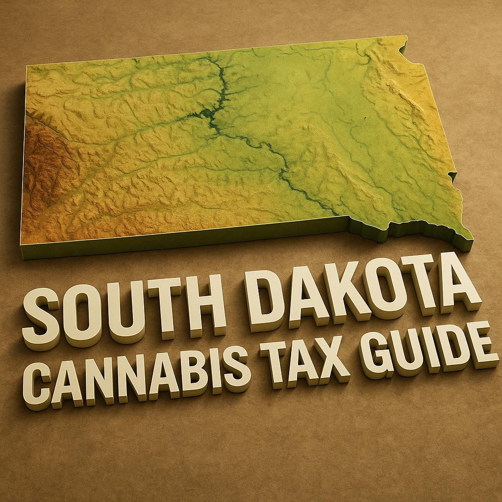 Three‑dimensional topographic map of South Dakota in earthy greens and brown gradients, highlighting elevation changes, set against a textured brown background. Bold white 3D text beneath the map reads ‘South Dakota Cannabis Tax Guide.’