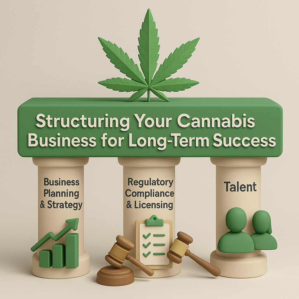 “3D-rendered infographic on an 800×600 canvas showing a green rectangular platform with the title ‘Structuring Your Cannabis Business for Long-Term Success.’ The platform is supported by three beige columns labeled ‘Business Planning & Strategy’ (with a rising bar chart icon), ‘Regulatory Compliance & Licensing’ (with a clipboard checklist and gavels), and ‘Talent’ (with two stylized human figures). A stylized cannabis leaf appears above the title. The background is a soft beige gradient, conveying a professional, polished look.”