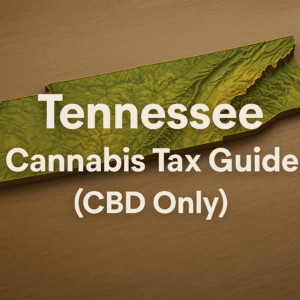A textured 3D topographic rendering of the state of Tennessee in warm earth tones, showing raised ridges for the Appalachian Mountains and Cumberland Plateau, with the words “Tennessee Cannabis Tax Guide (CBD Only)” in large, bold white letters centered over the map.