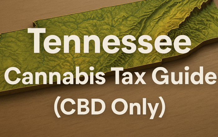 A textured 3D topographic rendering of the state of Tennessee in warm earth tones, showing raised ridges for the Appalachian Mountains and Cumberland Plateau, with the words “Tennessee Cannabis Tax Guide (CBD Only)” in large, bold white letters centered over the map.
