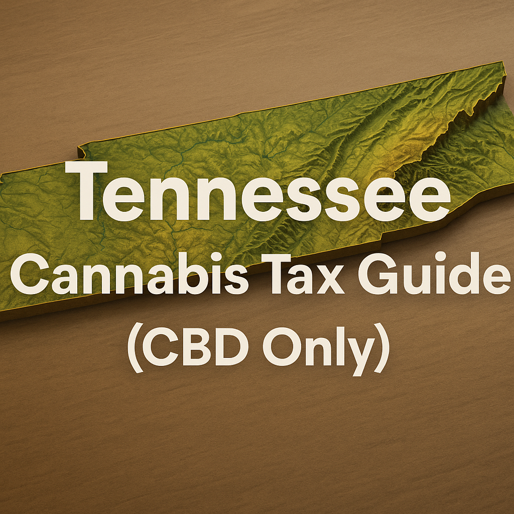 A textured 3D topographic rendering of the state of Tennessee in warm earth tones, showing raised ridges for the Appalachian Mountains and Cumberland Plateau, with the words “Tennessee Cannabis Tax Guide (CBD Only)” in large, bold white letters centered over the map.