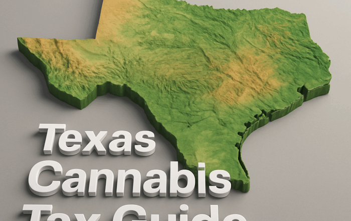 3D-rendered topographical map of Texas in green and tan tones, highlighting elevation changes across the state, with bold white text in the foreground reading “Texas Cannabis Tax Guide” on a neutral gray background.