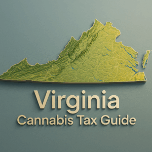 A three-dimensional raised-relief map of Virginia viewed at a slight angle, rendered in green, yellow, and brown to indicate elevation changes. The western part of the state shows pronounced ridges and valleys of the Appalachian Mountains in darker greens and browns, while the flatter eastern region is depicted in lighter greens. Thin contour lines trace terrain features, and small blue patches mark lakes and rivers. Below the map, centered in large, modern sans-serif lettering, is the title “Virginia Cannabis Tax Guide,” with “Virginia” on the first line and “Cannabis Tax Guide” beneath it in slightly smaller type. The background is a muted slate-gray, and soft lighting casts gentle shadows beneath the map and text for a subtle 3D effect.