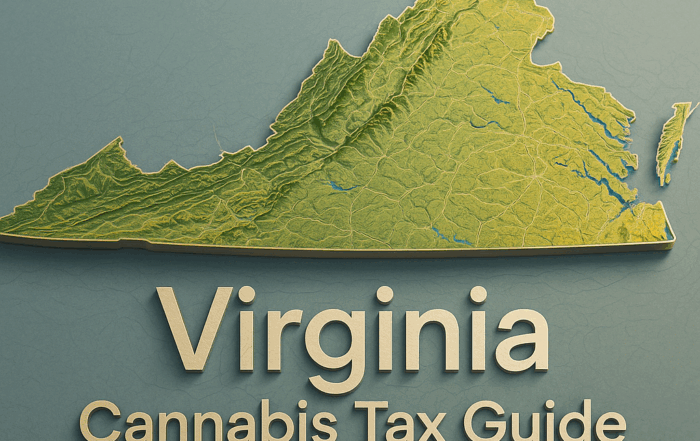 A three-dimensional raised-relief map of Virginia viewed at a slight angle, rendered in green, yellow, and brown to indicate elevation changes. The western part of the state shows pronounced ridges and valleys of the Appalachian Mountains in darker greens and browns, while the flatter eastern region is depicted in lighter greens. Thin contour lines trace terrain features, and small blue patches mark lakes and rivers. Below the map, centered in large, modern sans-serif lettering, is the title “Virginia Cannabis Tax Guide,” with “Virginia” on the first line and “Cannabis Tax Guide” beneath it in slightly smaller type. The background is a muted slate-gray, and soft lighting casts gentle shadows beneath the map and text for a subtle 3D effect.