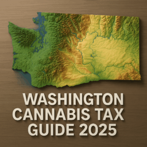 A 3D-rendered topographic map of Washington State on a wooden backdrop, showing low coastal plains in blue‑green on the west, rising mountains in golden yellow and brown in the center and east, with the bold white text “Washington Cannabis Tax Guide 2025” overlayed at the bottom.