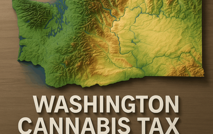 A 3D-rendered topographic map of Washington State on a wooden backdrop, showing low coastal plains in blue‑green on the west, rising mountains in golden yellow and brown in the center and east, with the bold white text “Washington Cannabis Tax Guide 2025” overlayed at the bottom.