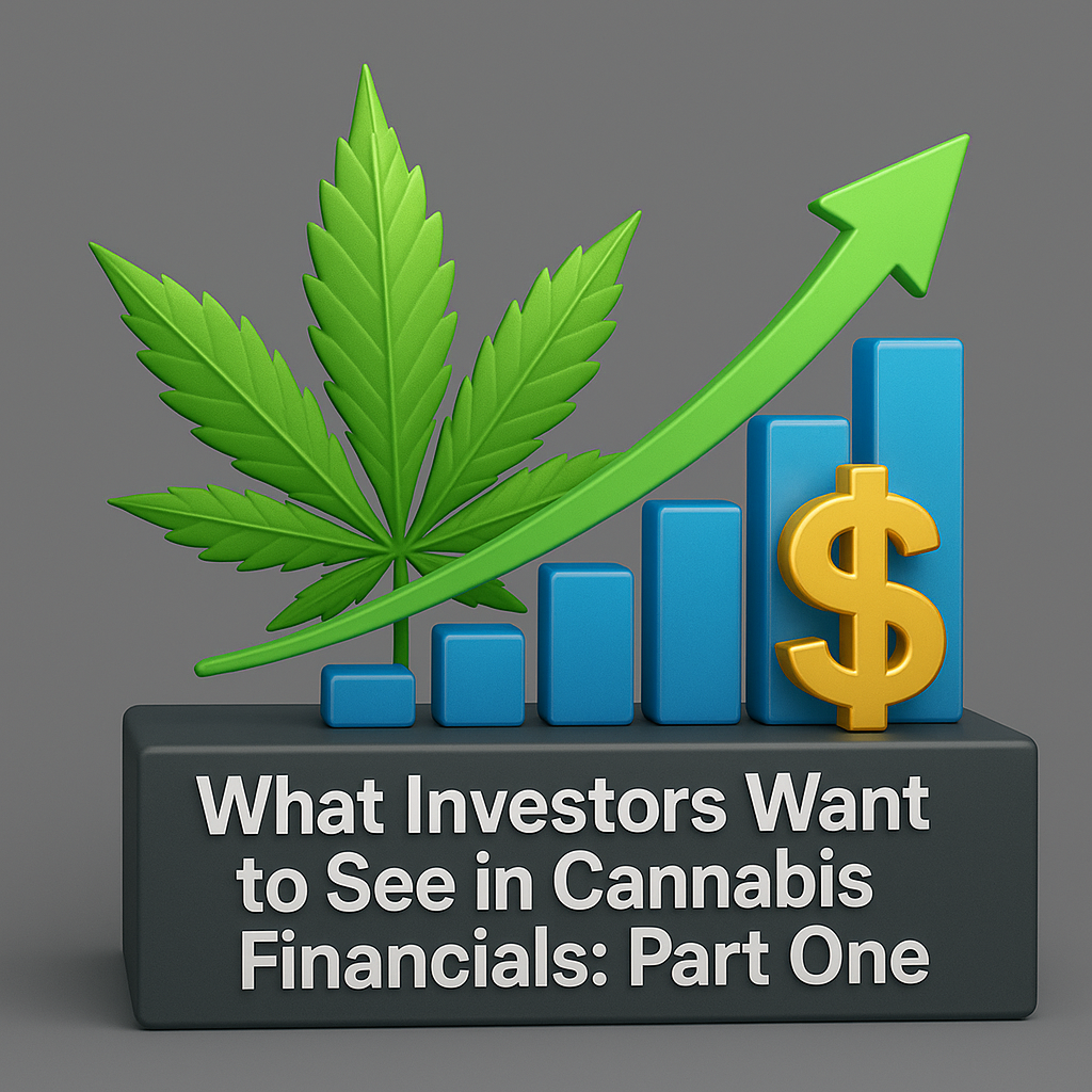 A sleek 3D-rendered scene on a dark gray platform featuring a vibrant green cannabis leaf behind a blue bar chart and upward-trending green arrow, with a golden dollar sign to the right. Bold white text on the front of the platform reads: “What Investors Want to See in Cannabis Financials: Part One.”